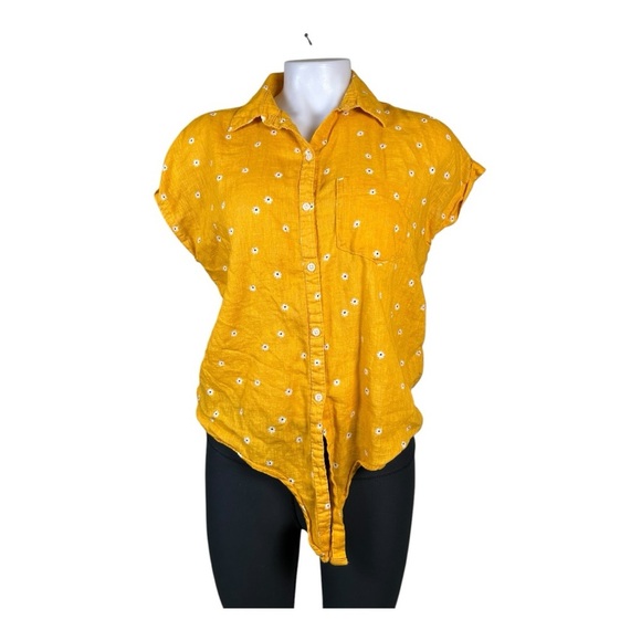 Old Navy Womens M Yellow Flowers Linen Blend Button Up Shirt Sleeveless Tie - Picture 2 of 7
